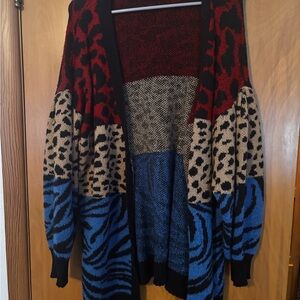 Terra & Sky Mixed Animal Print Open Cardigan - Red, Beige, Blue